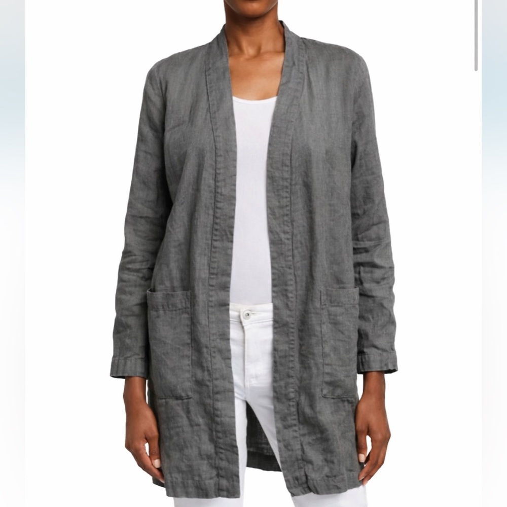 120% Lino 100% Linen Open-Front Jacket Size S Charcoal Grey Blazer Duster Pocket